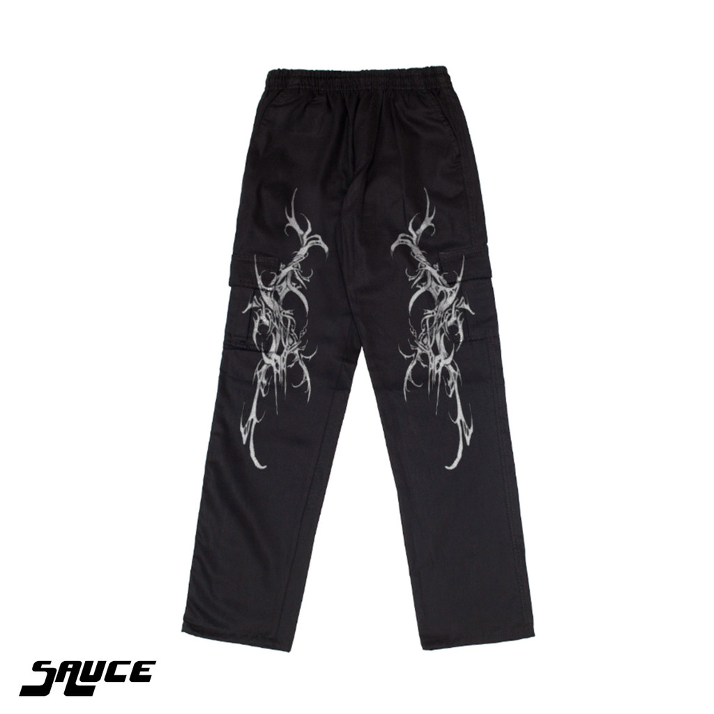 Calça Cargo Tribal Lateral Detalhado Design Moderno Sarja Streetwear Unisex