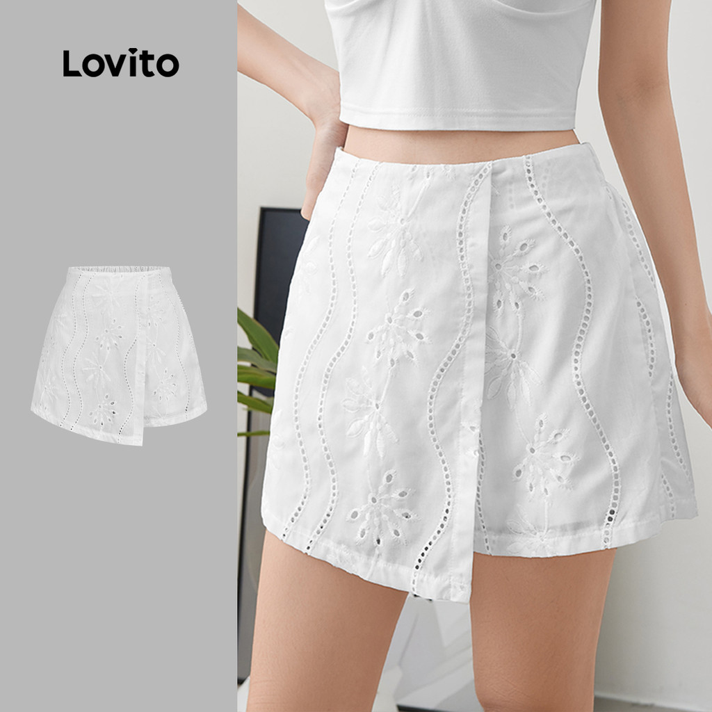 (Férias) Lovito Shorts Bordado com Ilhós Assimétrico Primavera/verão Shorts Bran