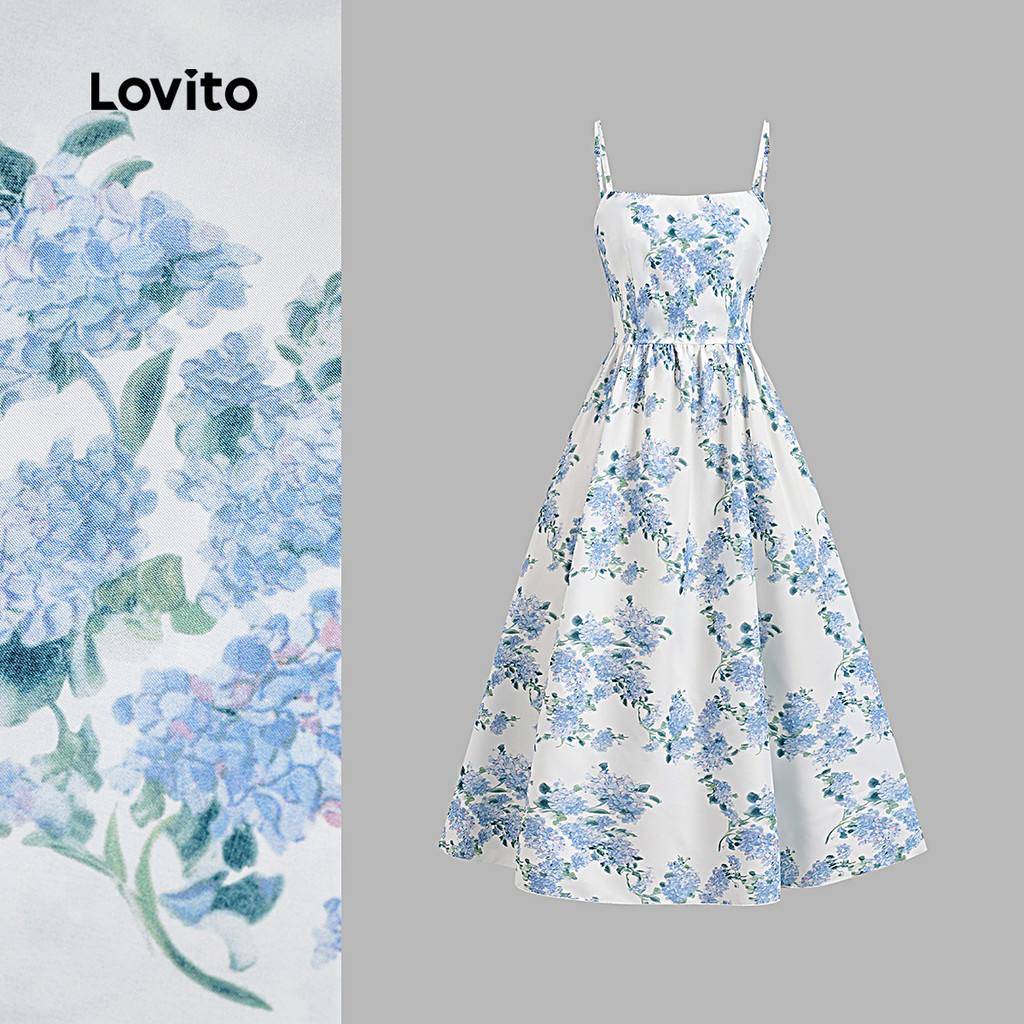 (New) Lovito Vestido Elegante com Flores Vestido de Primavera/verão Azul para mulheres L142LD243