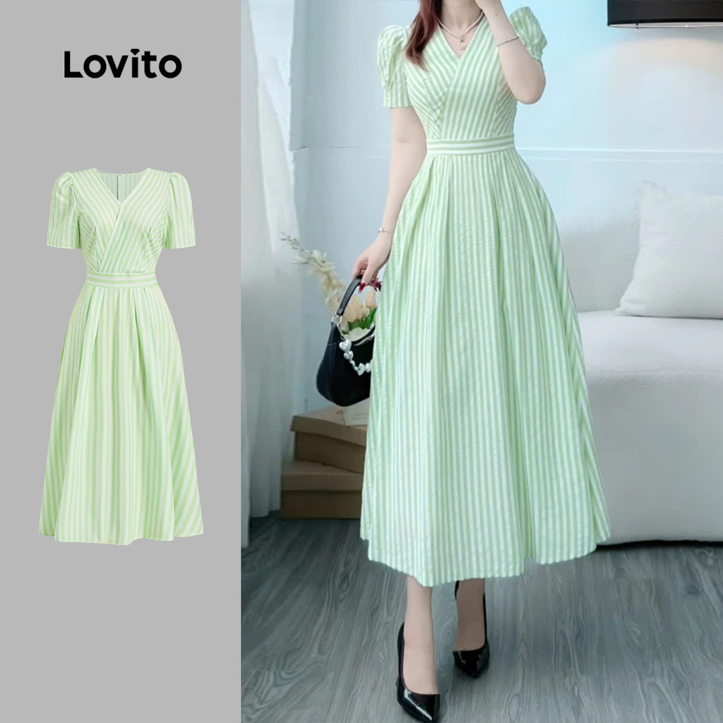 (New) Lovito Vestido Boho com Zíper para Primavera/verão Vestido Verde para mulheres L149ED1055 em Oferta na Shopee