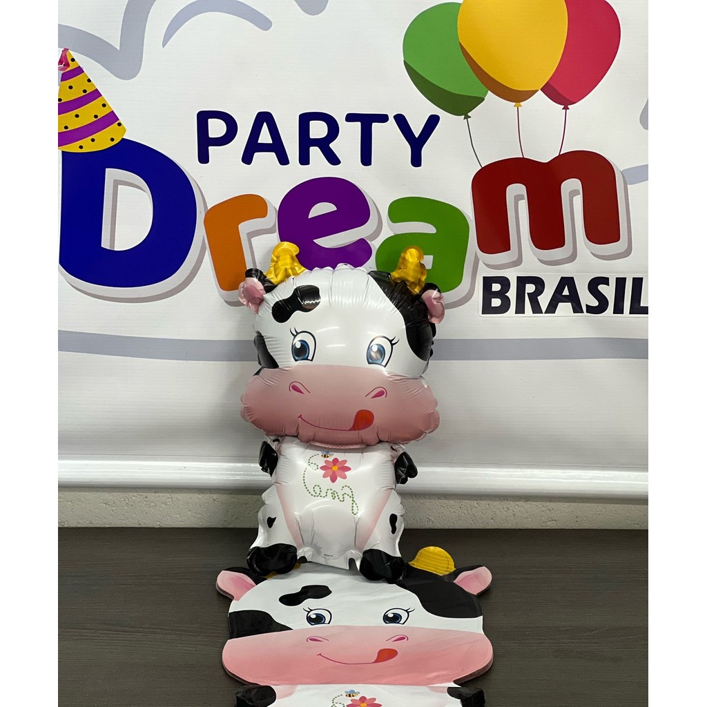 10 Balão Metalizado Vaca com Base Animal Fazendinha 46cm Festa Decoração enfeite safari painel