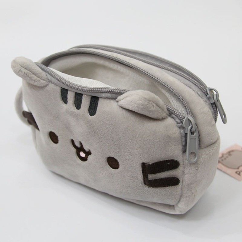 Estojo De Lápis De Gato Cinza De Desenho Animado De Camada Dupla , Design De Rosto Sorridente , Bolsa De Caneta Grande , — imagem 2 de 2