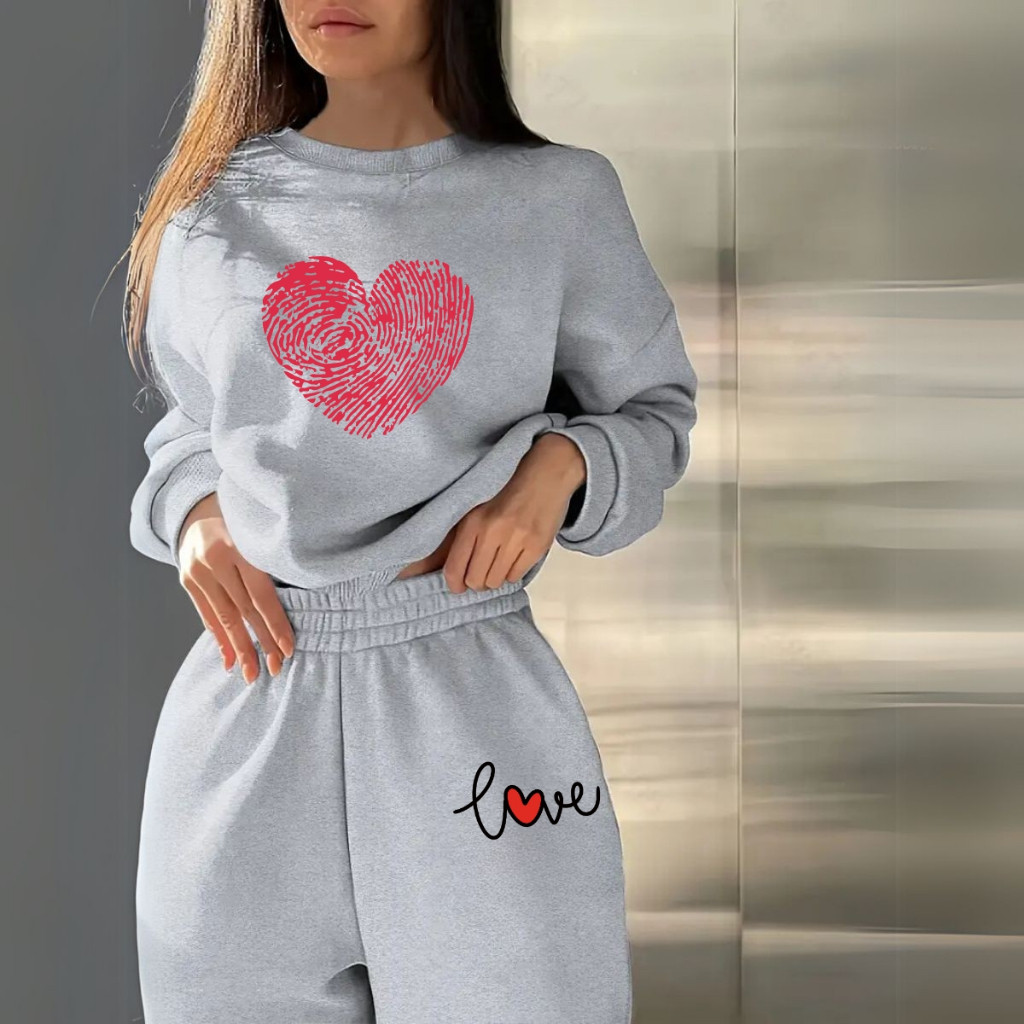 Conjunto Moletom blusa de frio Calça Moletom  Gola Redonda Coração Digital Love Minimalista Inverno Algodão