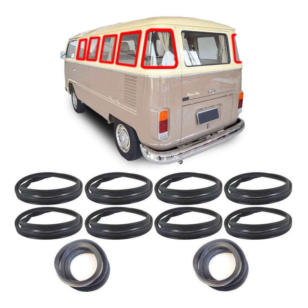 KIT BORRACHA VIDRO JANELA FIXA LATERAL + CANTO CURVÃO TRASEIRO KOMBI CORUJA 57/75 CLIPPER 76/97