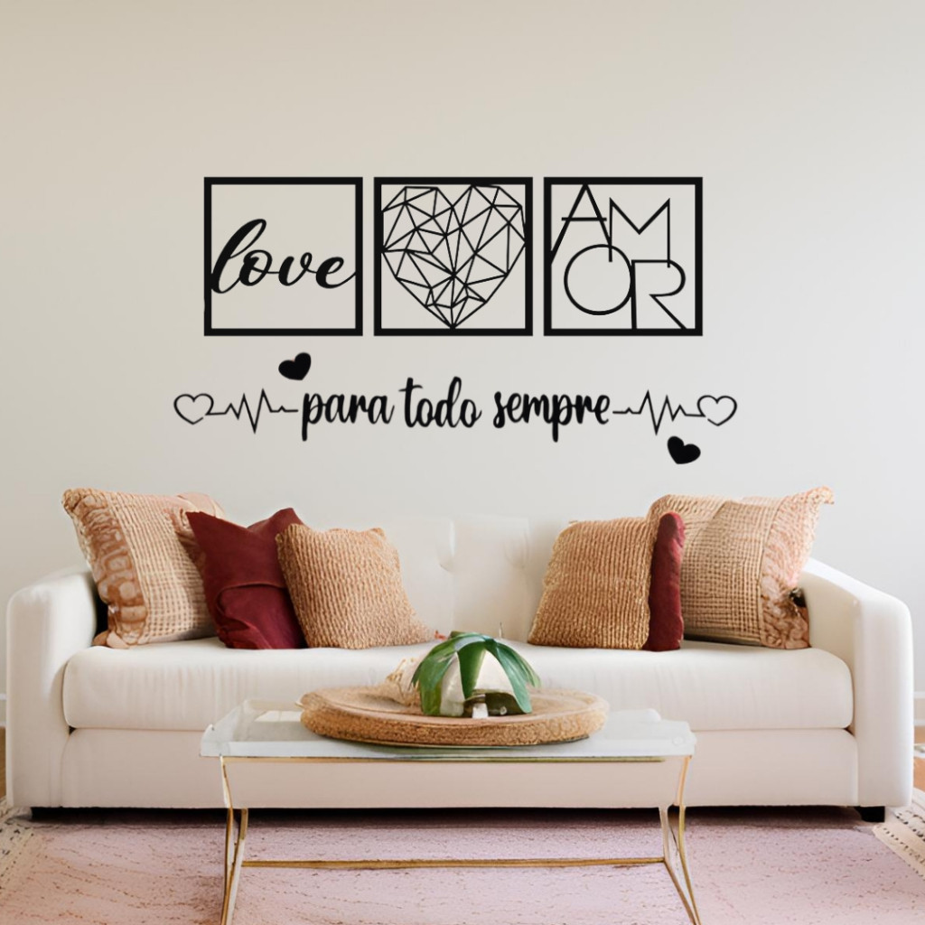 KIT 3 Quadros Para todo Sempre, Love e Coração Geométrico Amor + 2 Mini Apliques de Coração em MDF