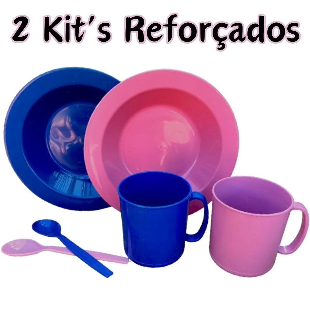 2 kit refeição prato caneca copo colher menino menina infantil rosa azul reforçado microondas lanche