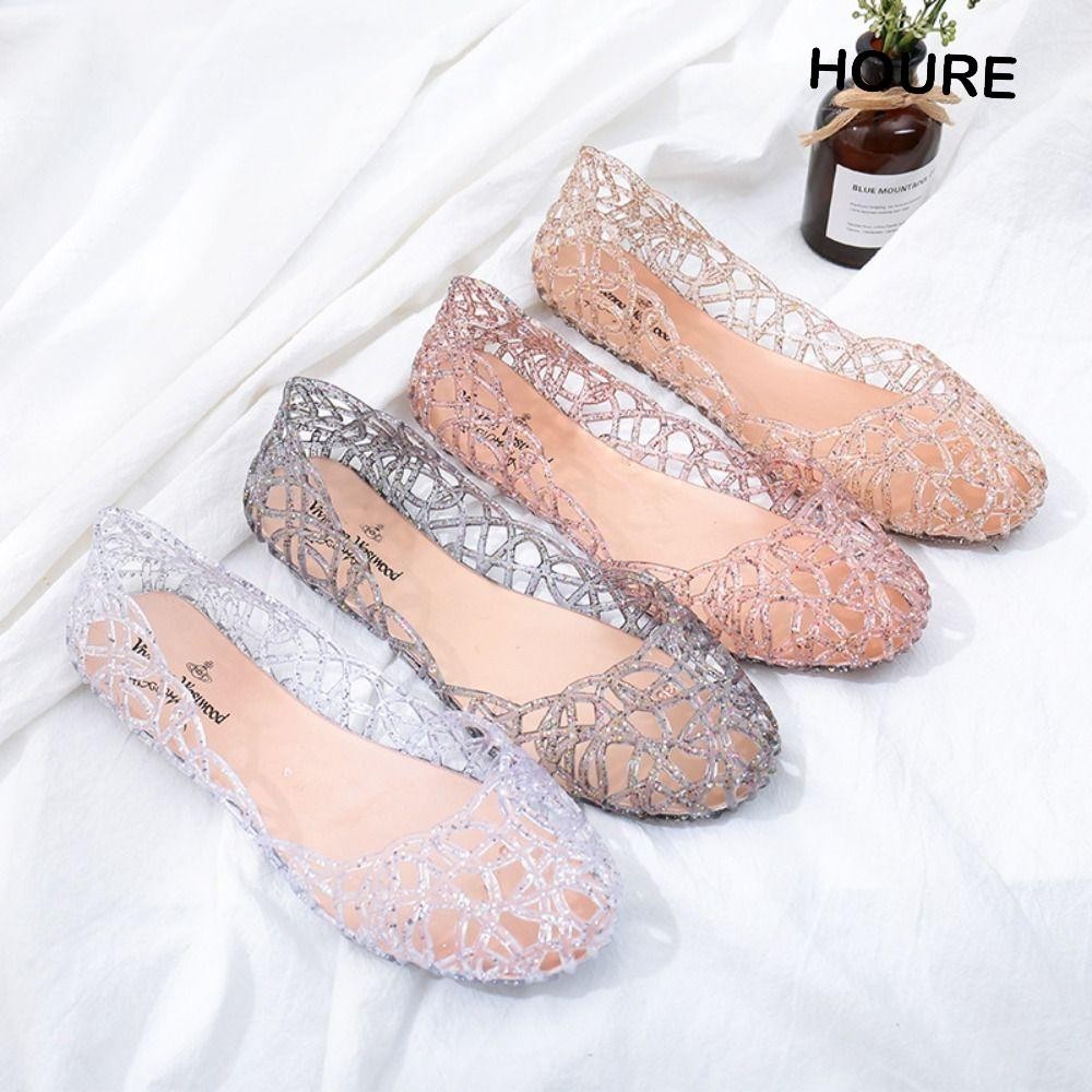 Sandálias HOURE Women , Sapatos De Praia Com Sola Plana E Geléia Transparente , Fashion Hollow Out Shallow Mouth Breathable Bling Calçado