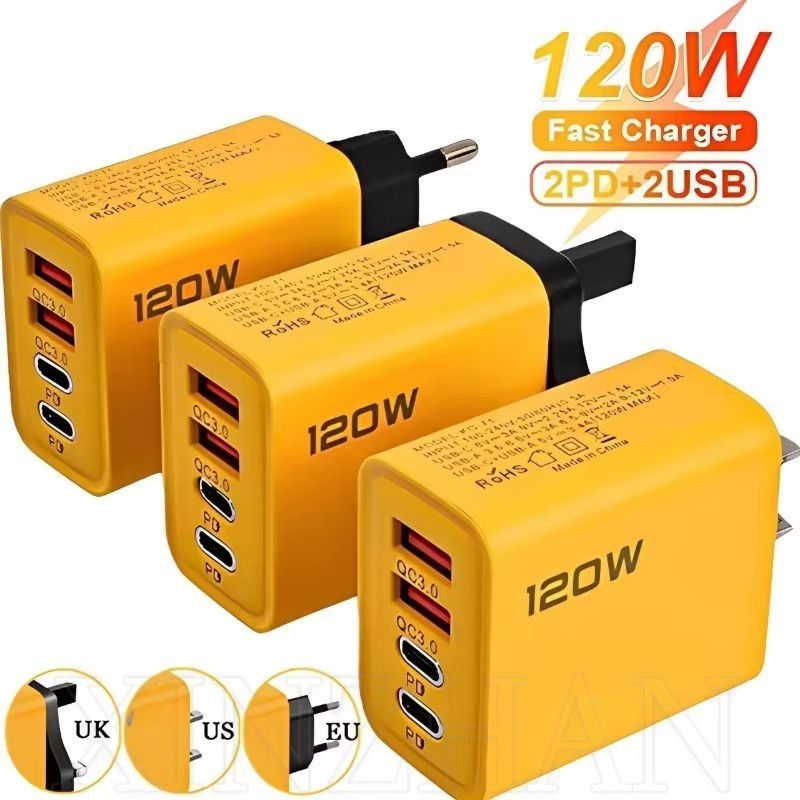 PD 120W QC3.0 Carregador De Parede Com Cabo-4 Portas USB Tipo C Adaptador De Energia Para Telefone-Soquete US EU UK-Conjunto Universal De Carregamento Rápido De Viagem-Conector Multiportas 4-Em-1