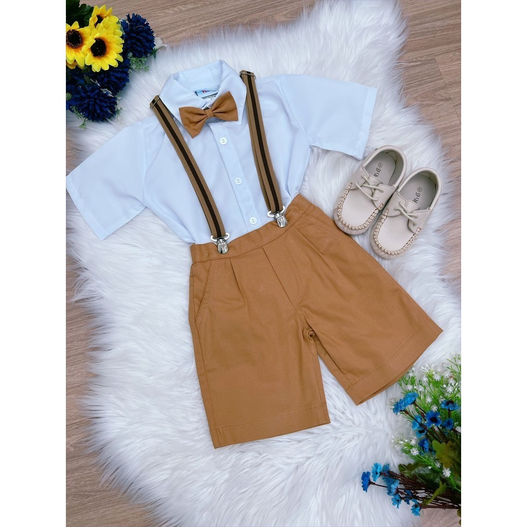 Conjunto Social Para Príncipes Pajem Formaturas Camisa Gravata e Short com Suspensório Caramelo