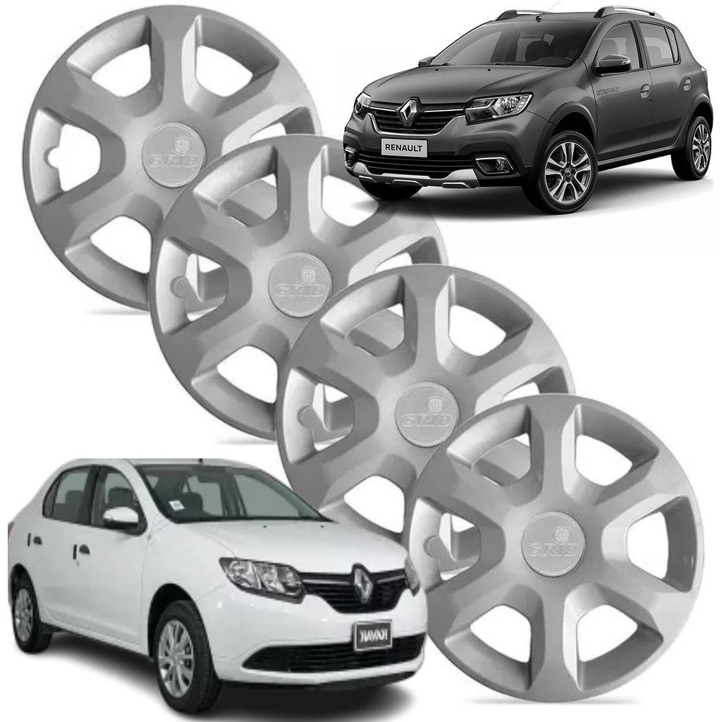 Jogo 4 Calota Logan Sandero Megane 2014 ate 2021 Aro 15 Encaixe Pressão Grid