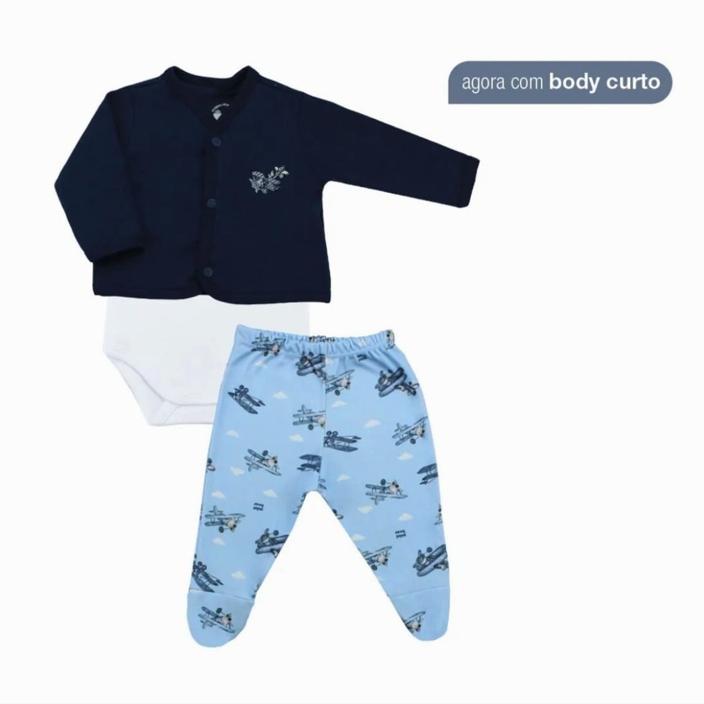 Conjunto Pagão Bebê 3 peças em algodão egícpio estampa Aviador - Mini Bear