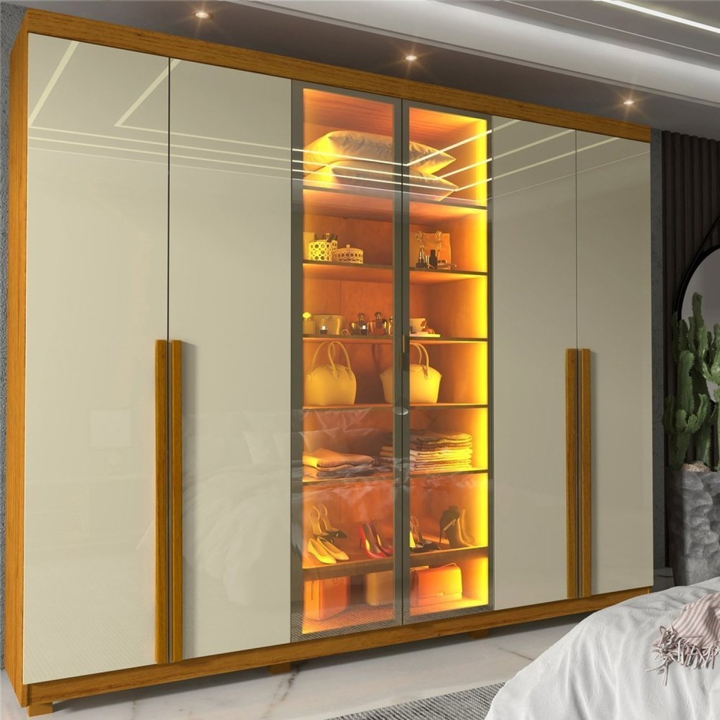Guarda-roupa Casal 6 Portas com Pés com Led Imperatriz Reflecta 100% MDF Off White/Nature
