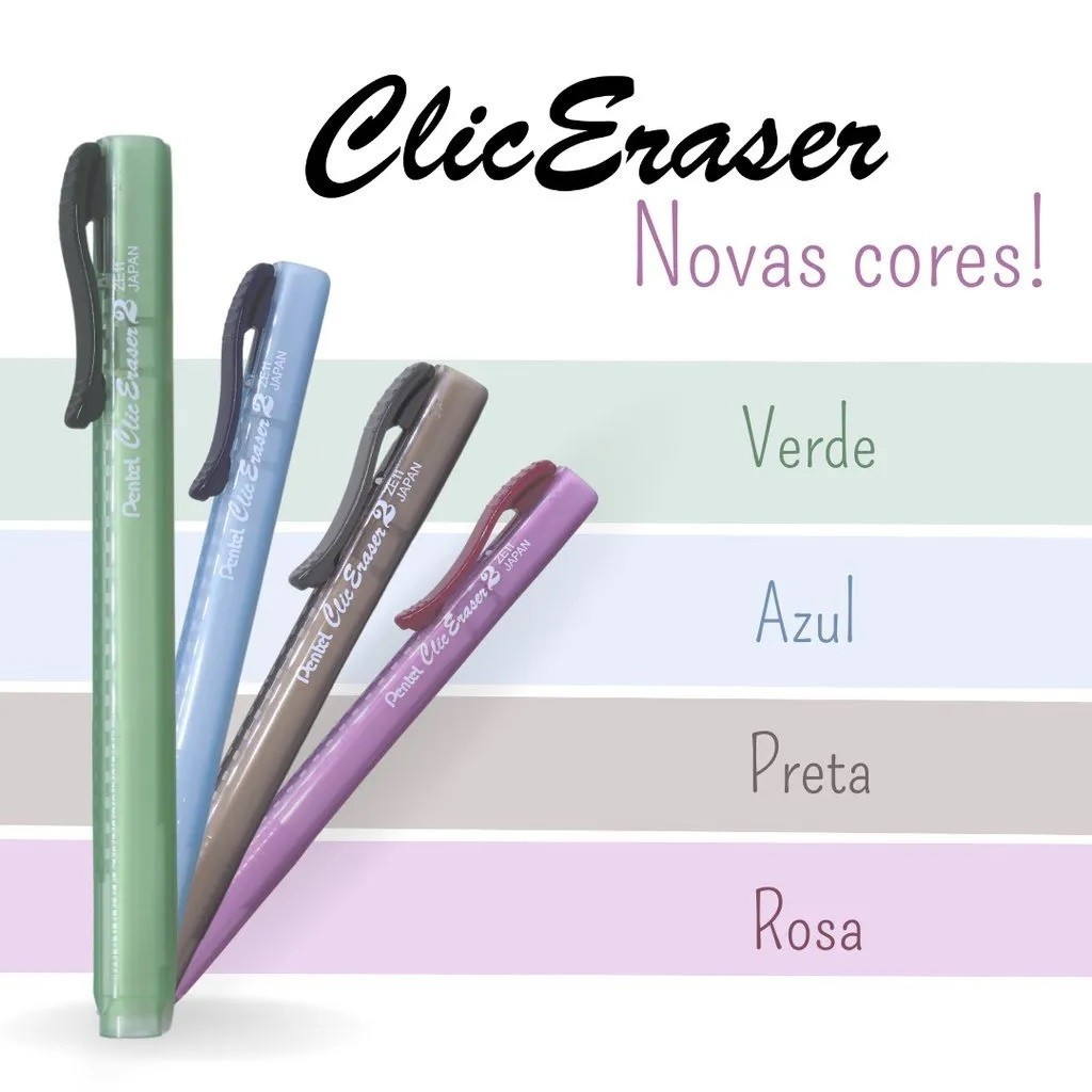 Kit 04 Canetas Borracha Clic Eraser Colorida Retrátil Pentel | Material Escolar | Papelaria