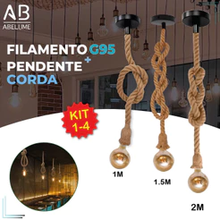 Pendente Corda 2M + Filamento Led G95 4W Retro Vintage Rústico Sisal E27 Luz Quente Bivolt 110V-220V