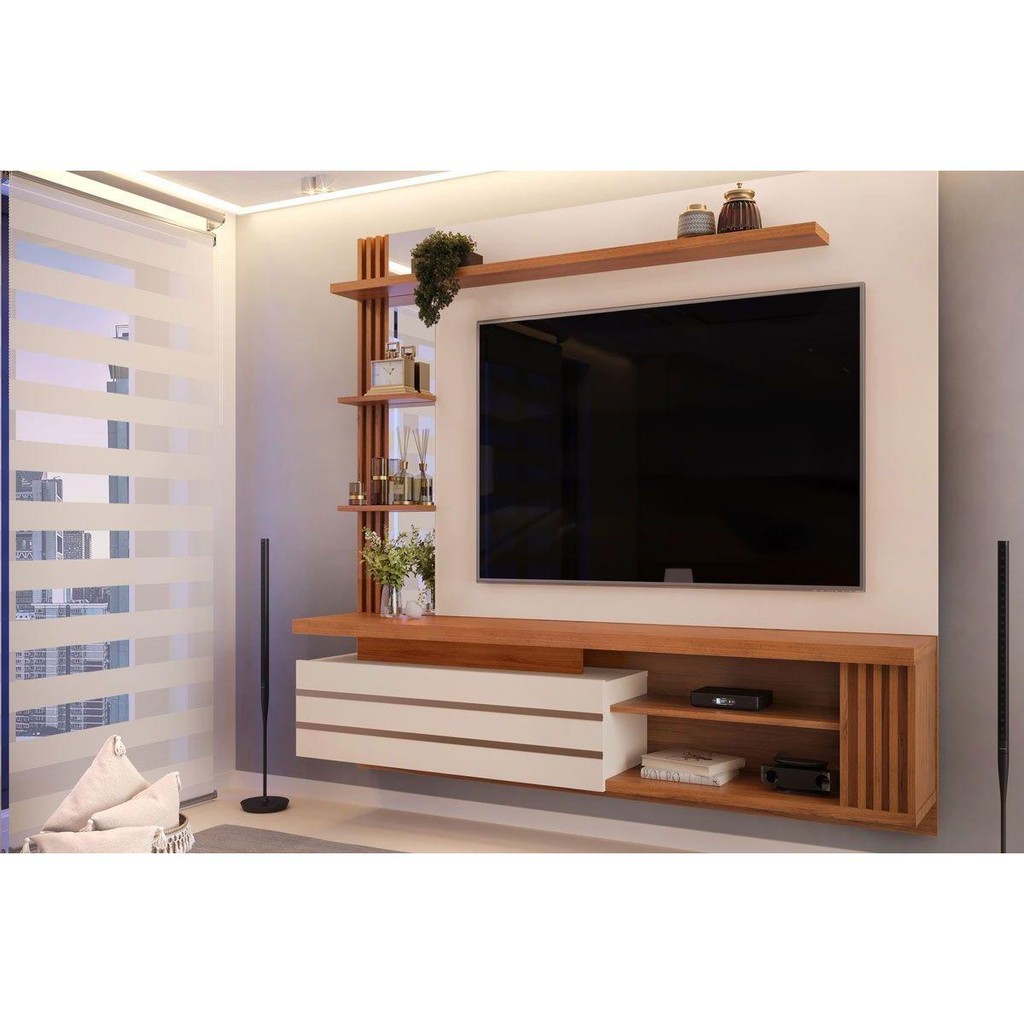 Painel Home p/TV até 55 Polegadas Marin c/ Prateleiras e Bancada 160x153cm Off White/Freijó - DJ Móveis - Home & Living
