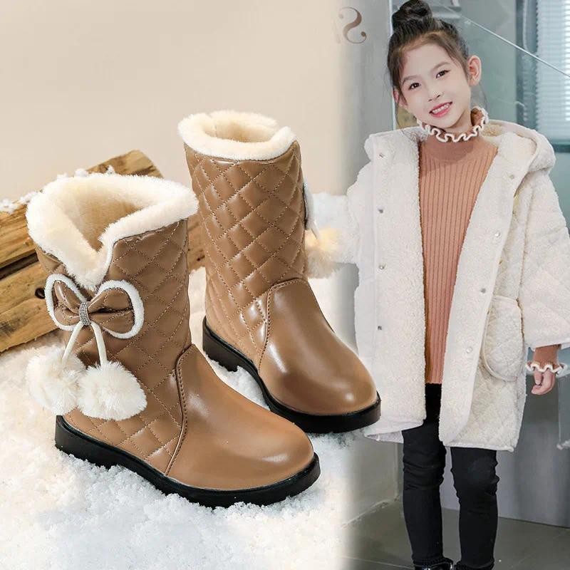 Meninas Botas Quentes Com Arco Crianças De Neve Pele De Pelúcia 2024 Inverno Nova Moda Princesa Plataforma À Prova Dwate — imagem 2 de 2