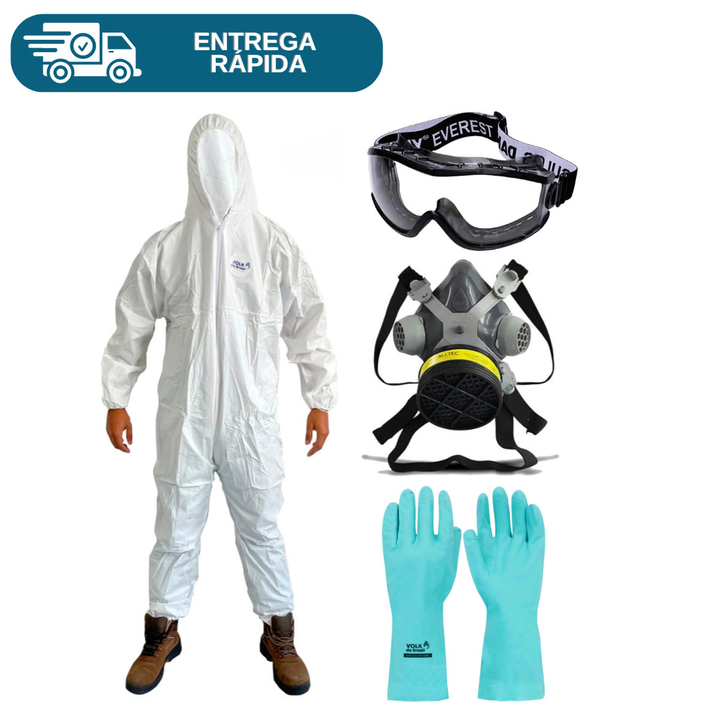 Kit Proteção Quimica Macacão + Mascara 1 Filtro + Oculos Ampla Visão Everest + Luva Nitrilica Verde