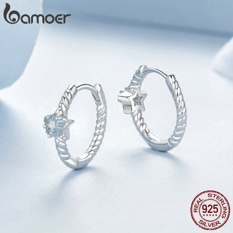 Brincos De Prata Bamoer 925 Sterling Com Design Estrela Cintilante Jóias Para Mulheres .
