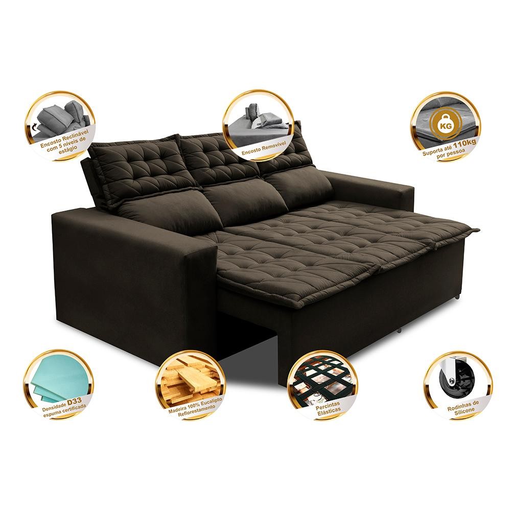 Sofá 3 Lugares Retrátil e Reclinável Cama inBox Slim 2,00m Velusoft Café — imagem 2 de 2