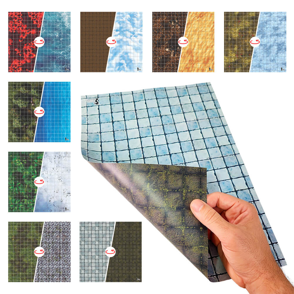 Kit 16 Grids de Batalha RPG Terreno - 8 Folhas Dupla Face A3 - 29x41cm Quadriculado 25mm Floresta Masmorra Água Ar D&D
