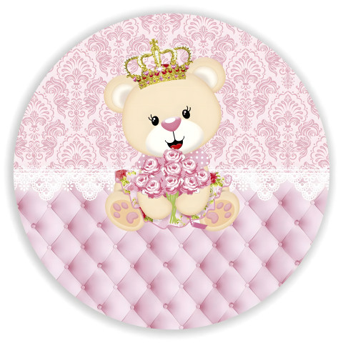 NOVO Painel Festa Infantil Redondo Ursinha Coroa Dourada, fundo detalhes renda branca + Arco, Suporte incluso. Fazemos personalizado com qualquer tema. Confeccionado em Lona fosca, impressão de alta resolução. cenário , p/ Decoração