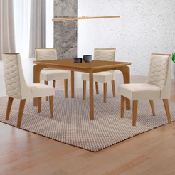 Mesa de Jantar Liz 120cm MDF Canto copo e com 4 Cadeiras Safira