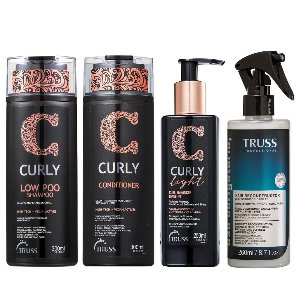 Kit Truss Curly  - Low Poo Shampoo 300ml + Condicionador 300ml + Uso Obr. Reconstrutor 260ml + Light Leave in 250ml