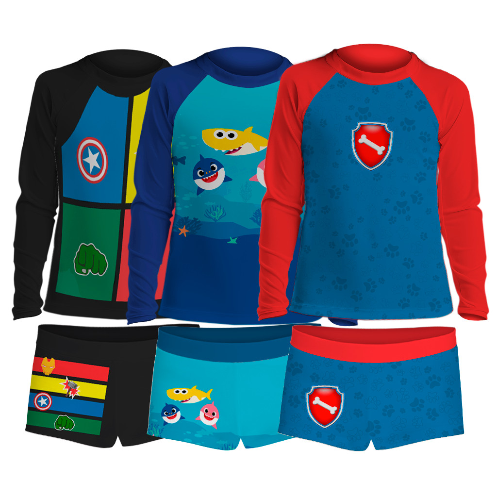 Conjunto Infantil Juvenil Moda Praia Menino – Camisa Manga Longa + Sunga com Proteção Solar UV50+