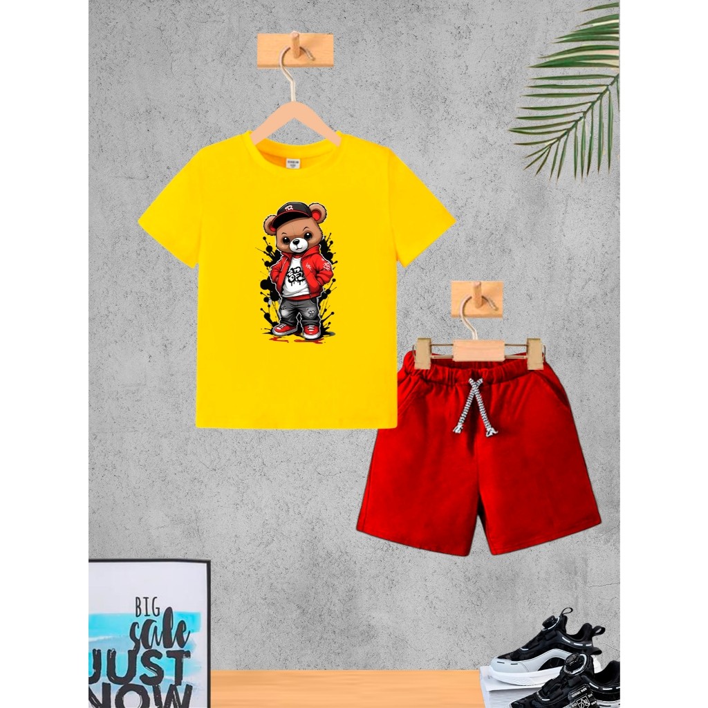 Conjunto Infantil Vermelho Urso vermelho Bone Menino Camiseta e Bermuda Roupa Criança Masculino Verão