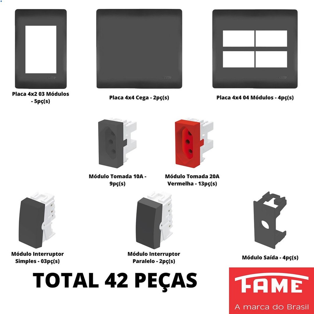 42un Módulo Tomada Interruptor Com Placa 4x2 4x4 Habitat Black Preto FAME K46