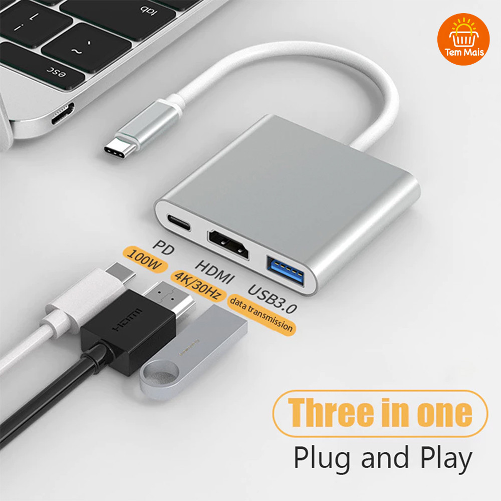 ‌Conversor 4K 3 Em 1 Tipo C HDMI USB 3.0 Cabos Dados Carregador 12W Alumínio Celular