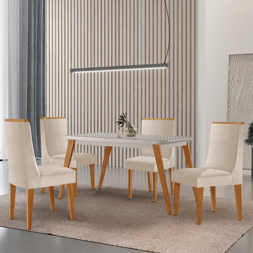 Mesa de Jantar Copper 120cm Tampo Canto MDF Vidro com 4 Cadeiras Lisboa Moderna Mobília