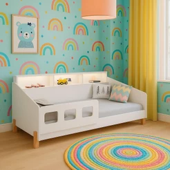 Cama De Solteiro Mavi Montessoriana Com Colchão E Grade Infantil