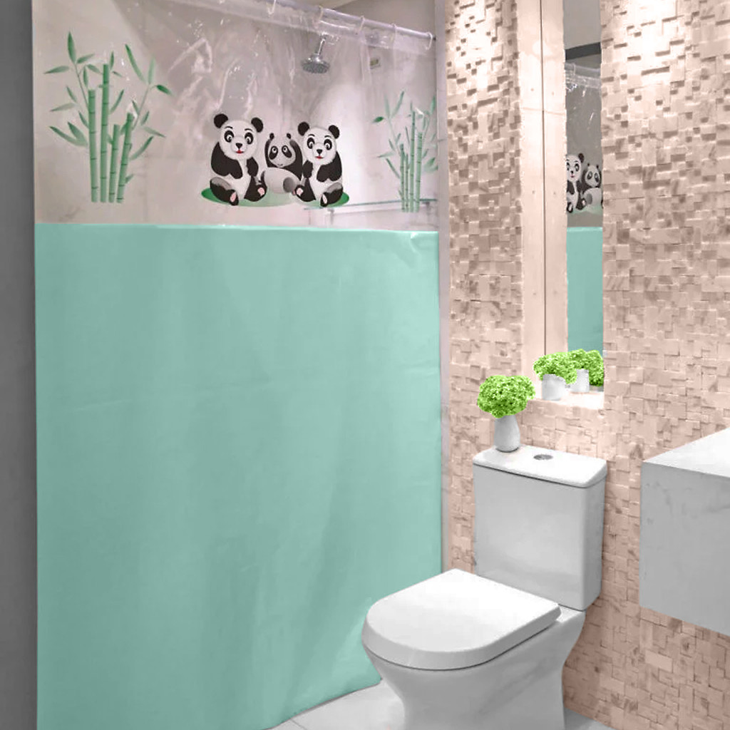 Cortina Para Box De Banheiro Plástico Lisa Impermeável Panda Verde/Branca