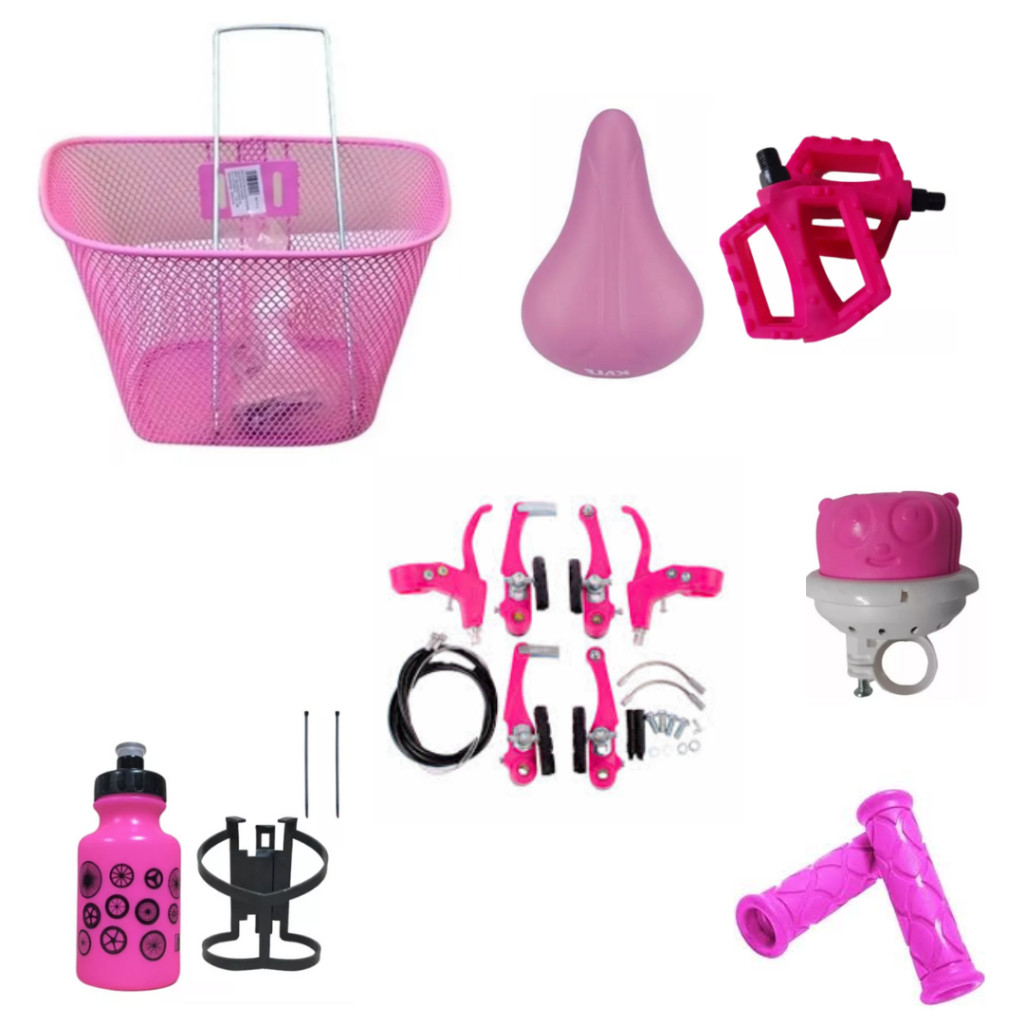 CESTA ARAMADA 20 ROSA + SELIM KALF ROSA + FREIO COMP. ROSA + GARRAFA 300ML + BUZINA FOM ROSA + PEDAL PACO ROSA + DIPLOMA