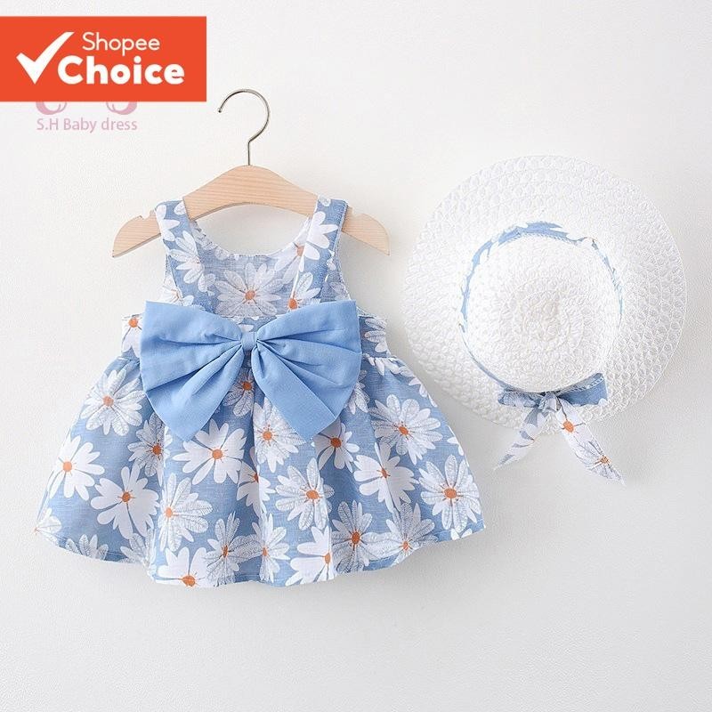 2 Pçs/Set Vestidos Margaridas Para Meninas Infantis Verão Arco Bebê Praia Roupa Com Chapéu 0-3 Anos