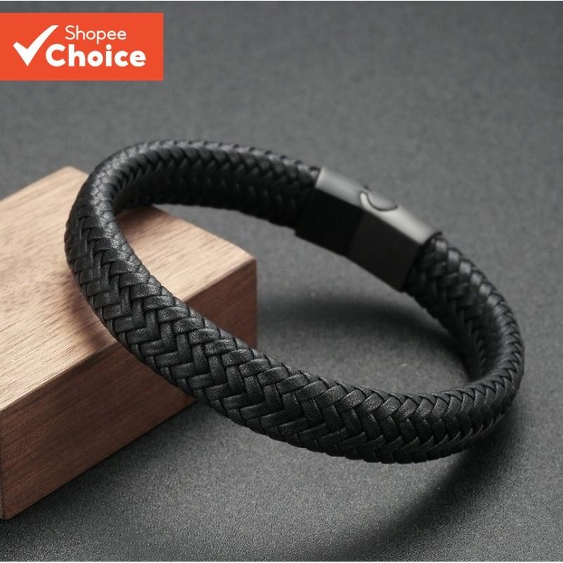 Pulseira masculina de couro trançado com fecho magnético