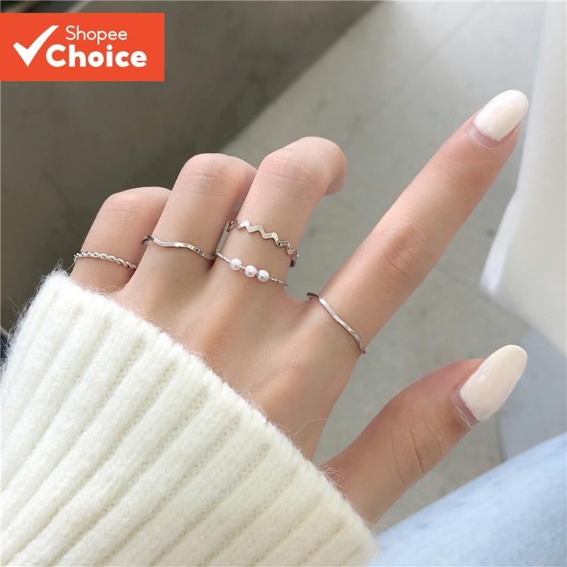 Novo Estilo Conjunto Combinação De Cinco Peças Japonês Coreano Simples Em Forma De Onda Anel De Pérola Namoradas Exclusi