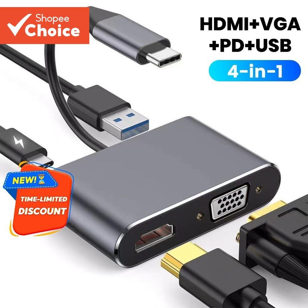 HUB De Porta USB 4 Em 1 VGA Laptop 4K Adaptador HDMI PD Charge Type C Splitter Docking Station