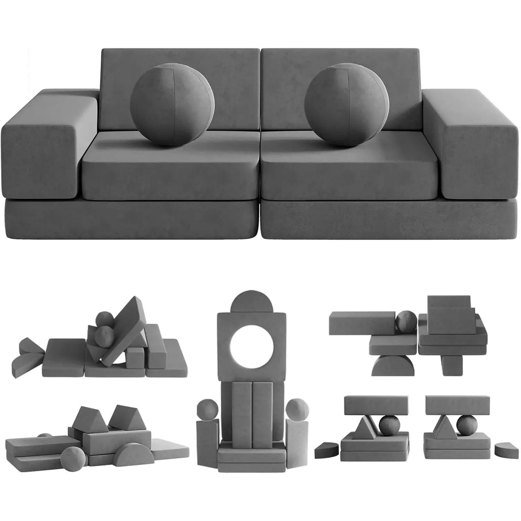 [NEW] Sofá Infantil, Sofá para Crianças com 2 Bolas e Túnel, Sofá Modular para Sala de Jogos, Sofá Infantil para Jogo de