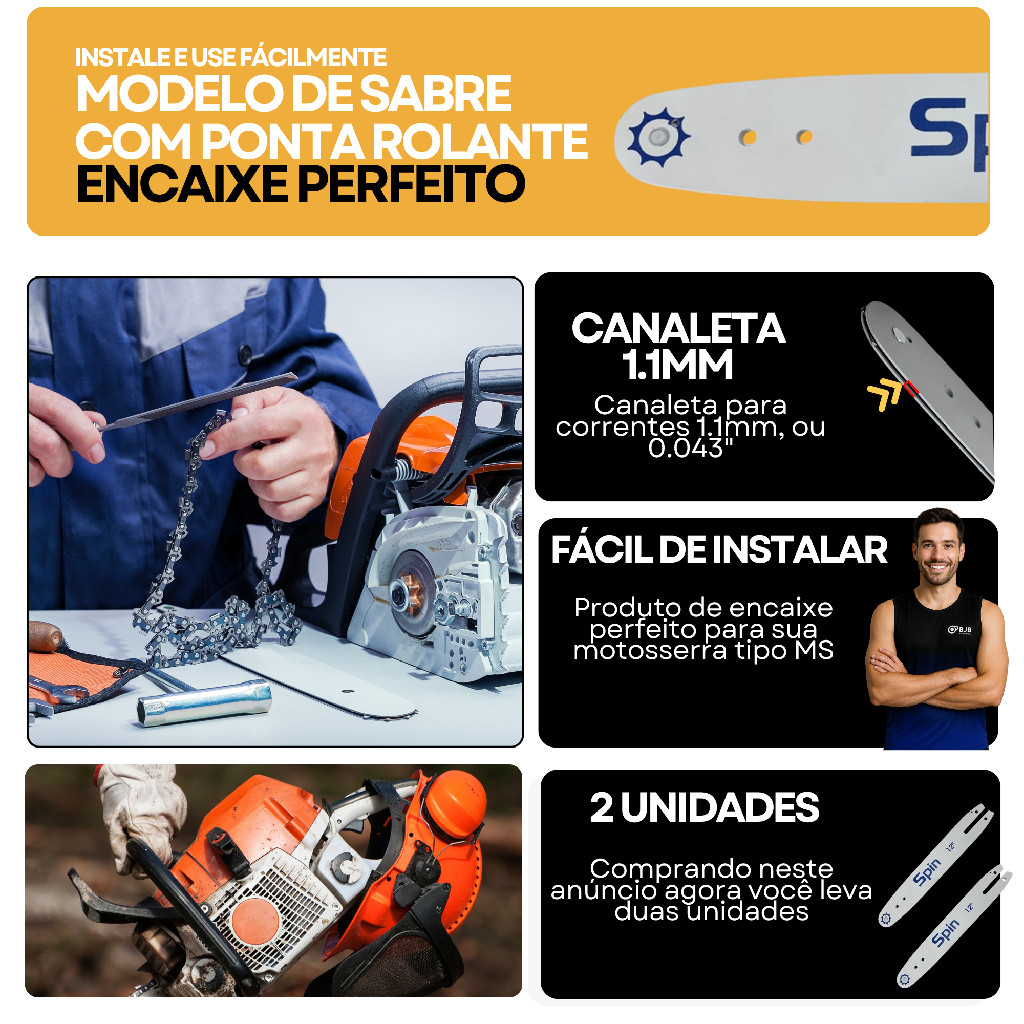 Kit 2 Sabre Ms170 Ms180 12 Polegadas Compatível com Sthil 1.1MM 3/8 Ponta Rolante — imagem 2 de 2