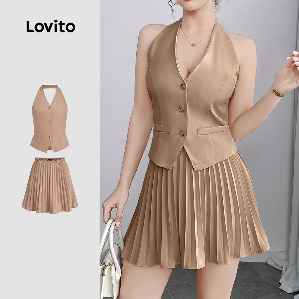 Lovito Conjuntos de Saia Casual com Pregas Botões Primavera/verão Conjuntos de Saia cáqui L137ED059 em Oferta na Shopee