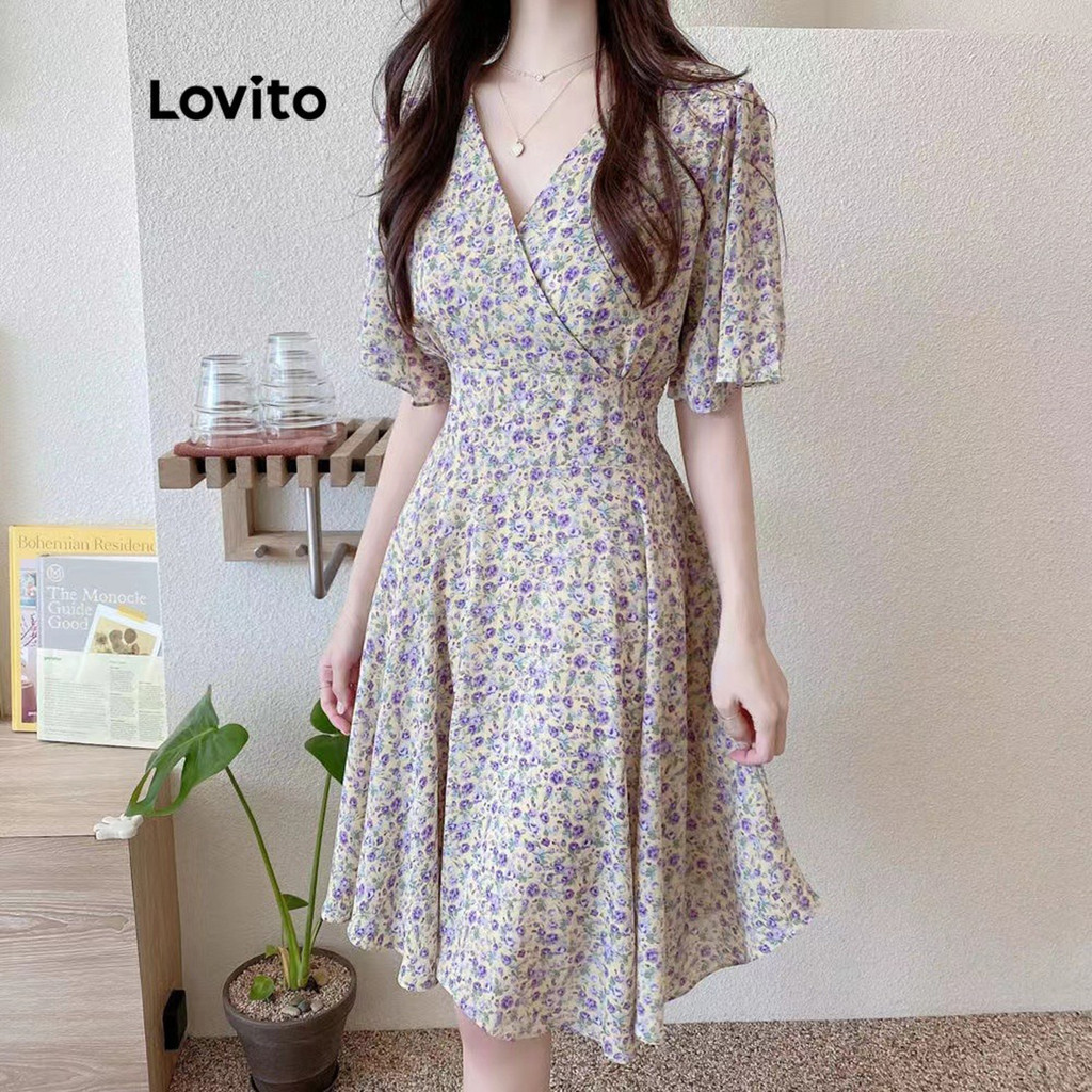 (Trendy) Lovito Vestido Casual Ditsy Floral Com Zíper E Decote Em V Vestido De Manga Curta Para Mulheres LNA06126 (Roxo) em Oferta na Shopee