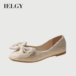 IELGY Bow Square Toe Raso Feminino 2026 Sola Macia Colher Plana