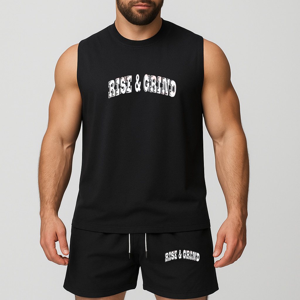 conjunto regata oversized e short de tactel de academia másculino estampada rise e ceind