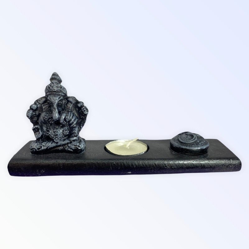 Incensário e Porta Vela Ganesh Meditando Cinza 18 cm Resina