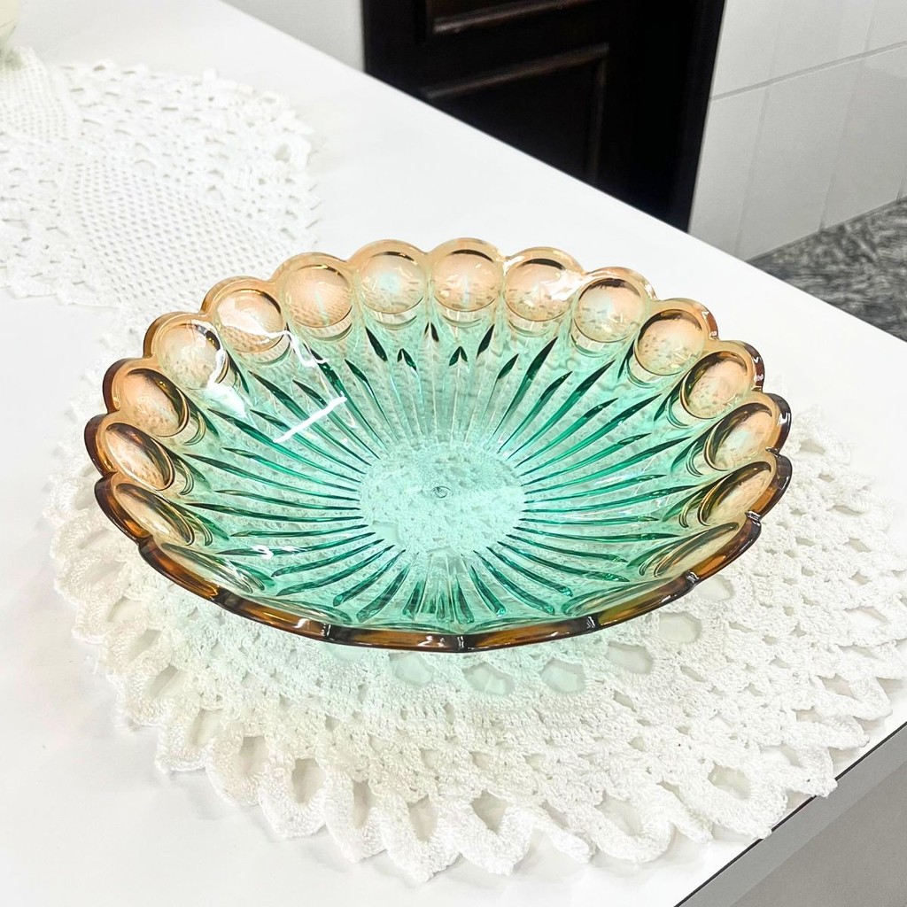Fruteira Centro De Mesa Elegante Cristal Esfera Bicolor para Sala ou Cozinha