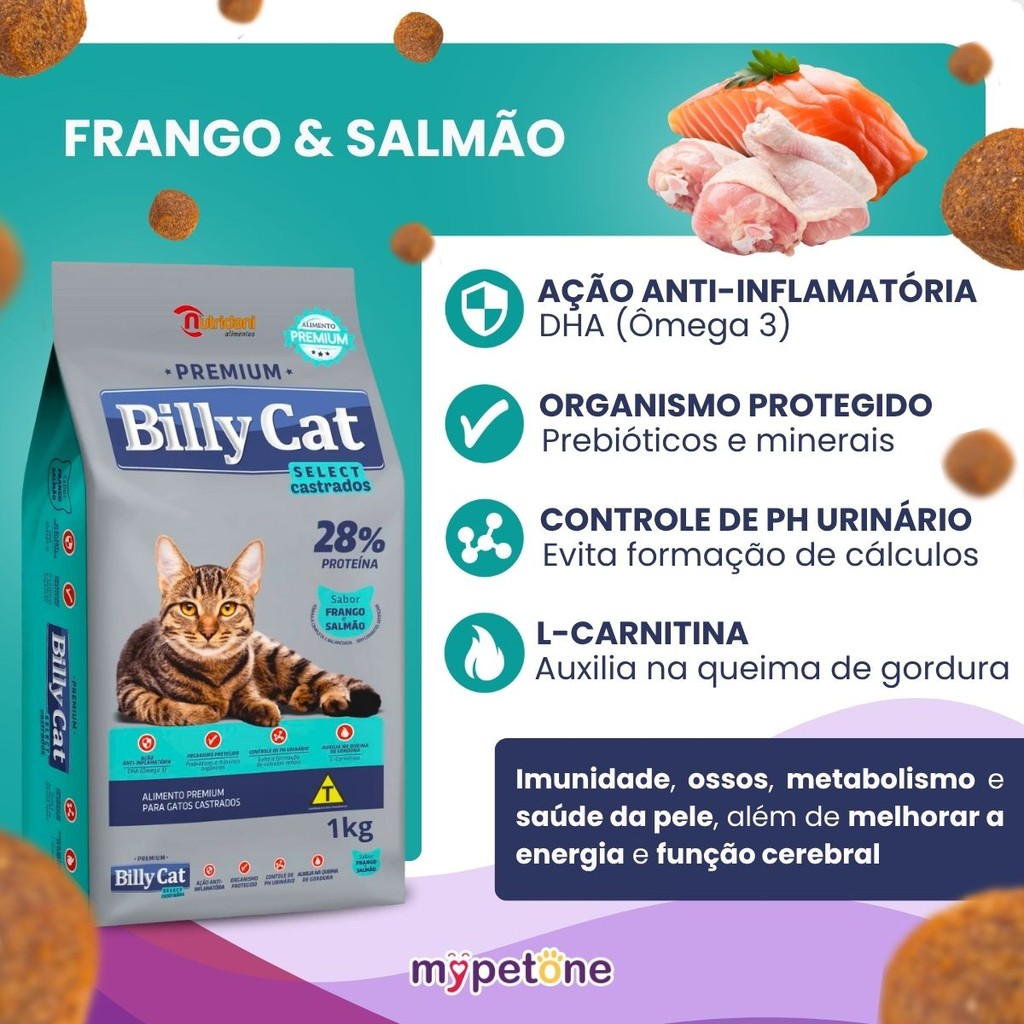 Detalhes do Kit 3 Ração Billy Cat Select Gatos Castrados - 1Kg
