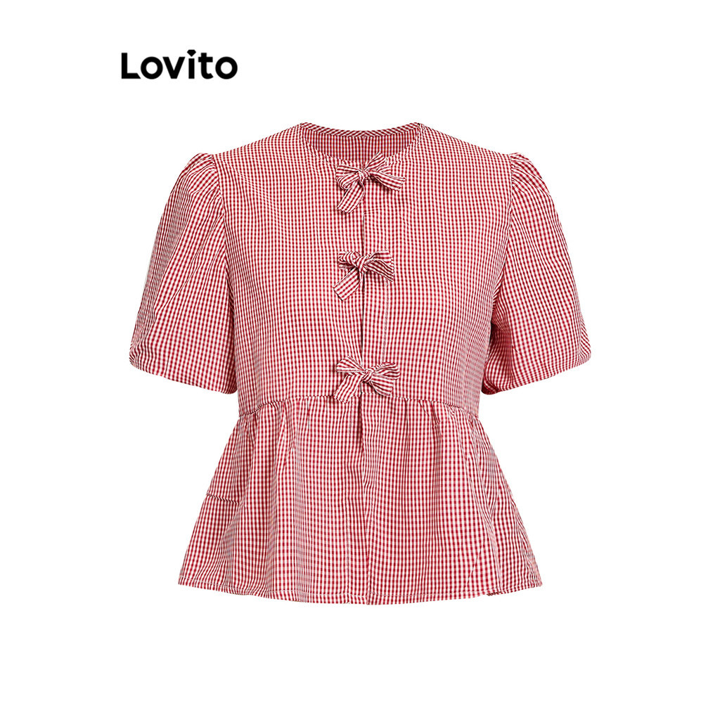 (Trendy) Lovito Blusa Elegante De Verão Com Estampa De Guingão E Blusa Com Cadarço Para Mulheres L105MD061