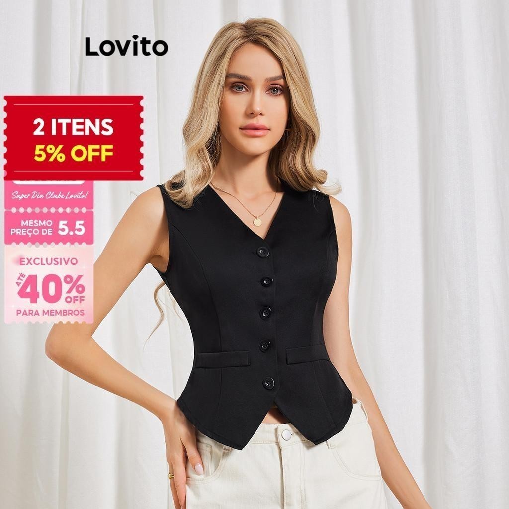 (Trendy) Lovito Blazer Casual Com Botão Liso E Colete Frontal Ol Blazer Para Mulheres LBL06069 (Multicolorido) em Oferta na Shopee